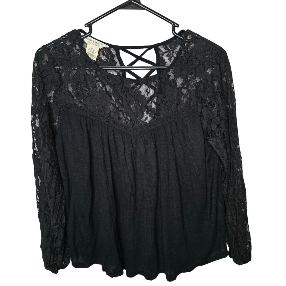 Denim & Supply Ralph Lauren Black Floral Lace Boho Blouse Size Medium